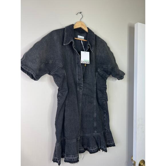 NWT Ganni Short Sleeves Collared Denim Washed Black Mini Dress Size: 10 - Picture 4 of 9